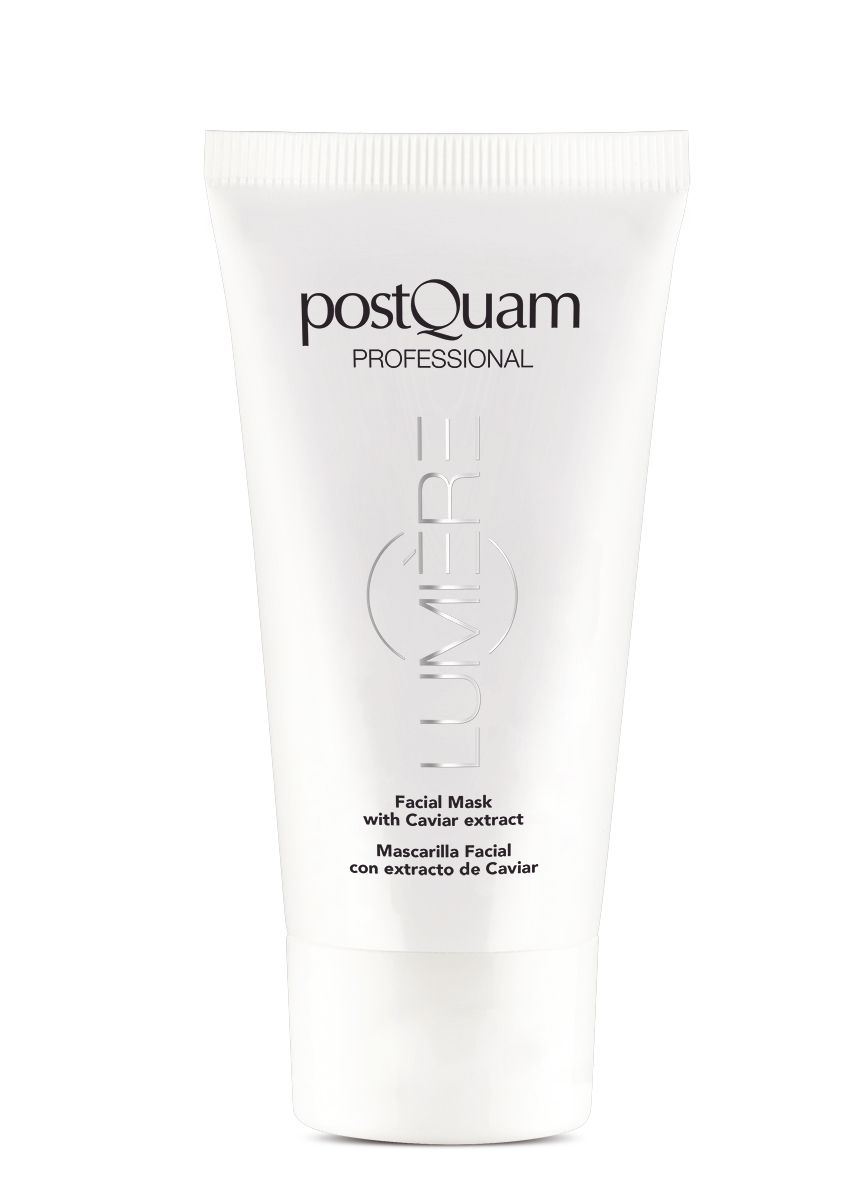 Tubo bianco con testo. Scritta: Postquam Professional, Lumière, Facial Mask with Caviar extract, Mascarilla Facial con extracto de Caviar.