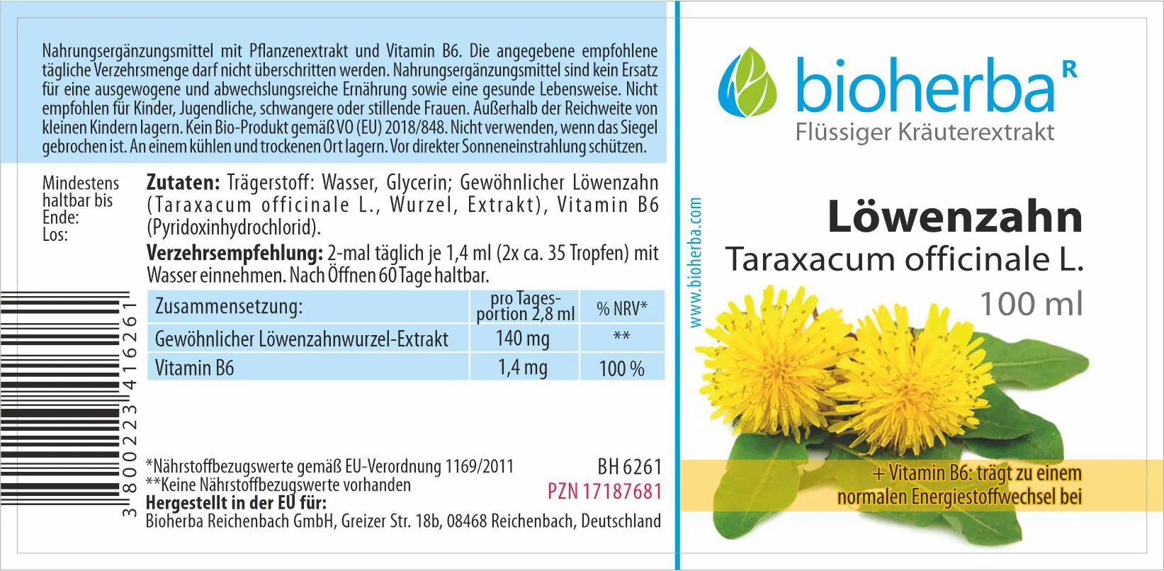 Etichetta con logo, nome del prodotto, ingredienti e informazioni nutrizionali. Illustrazione di fiori di tarassaco.