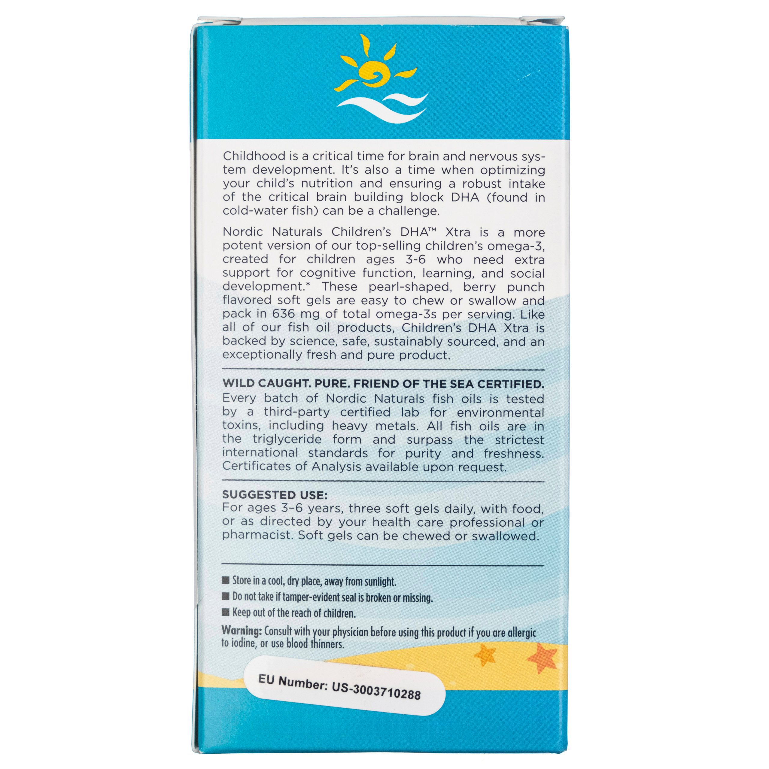 Confezione per Nordic Naturals Children's DHA Xtra con informazioni su ingredienti e uso.