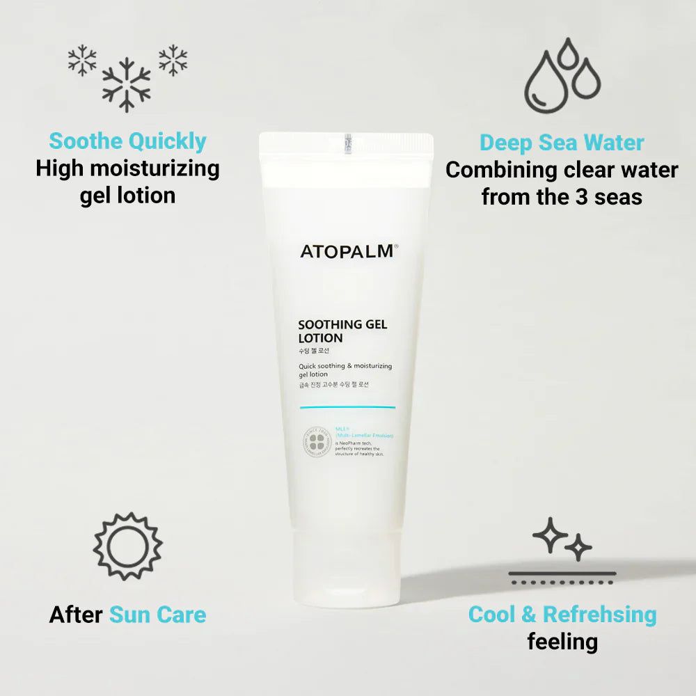 Tubo bianco ATOPALM Soothing Gel Lotion con illustrazioni. Nome del prodotto e testo in inglese e coreano.