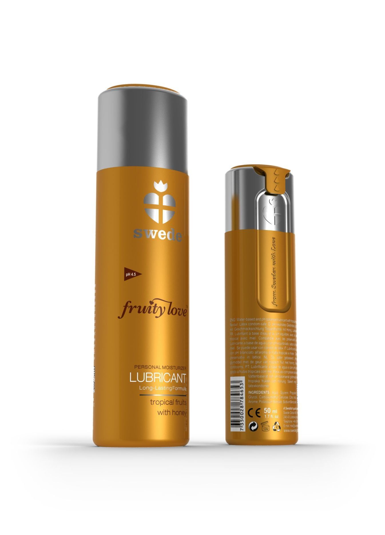 Due flaconi. Flacone dorato con tappo argentato. Scritte: Swede, Fruity Love, Lubricant. Flacone piccolo.