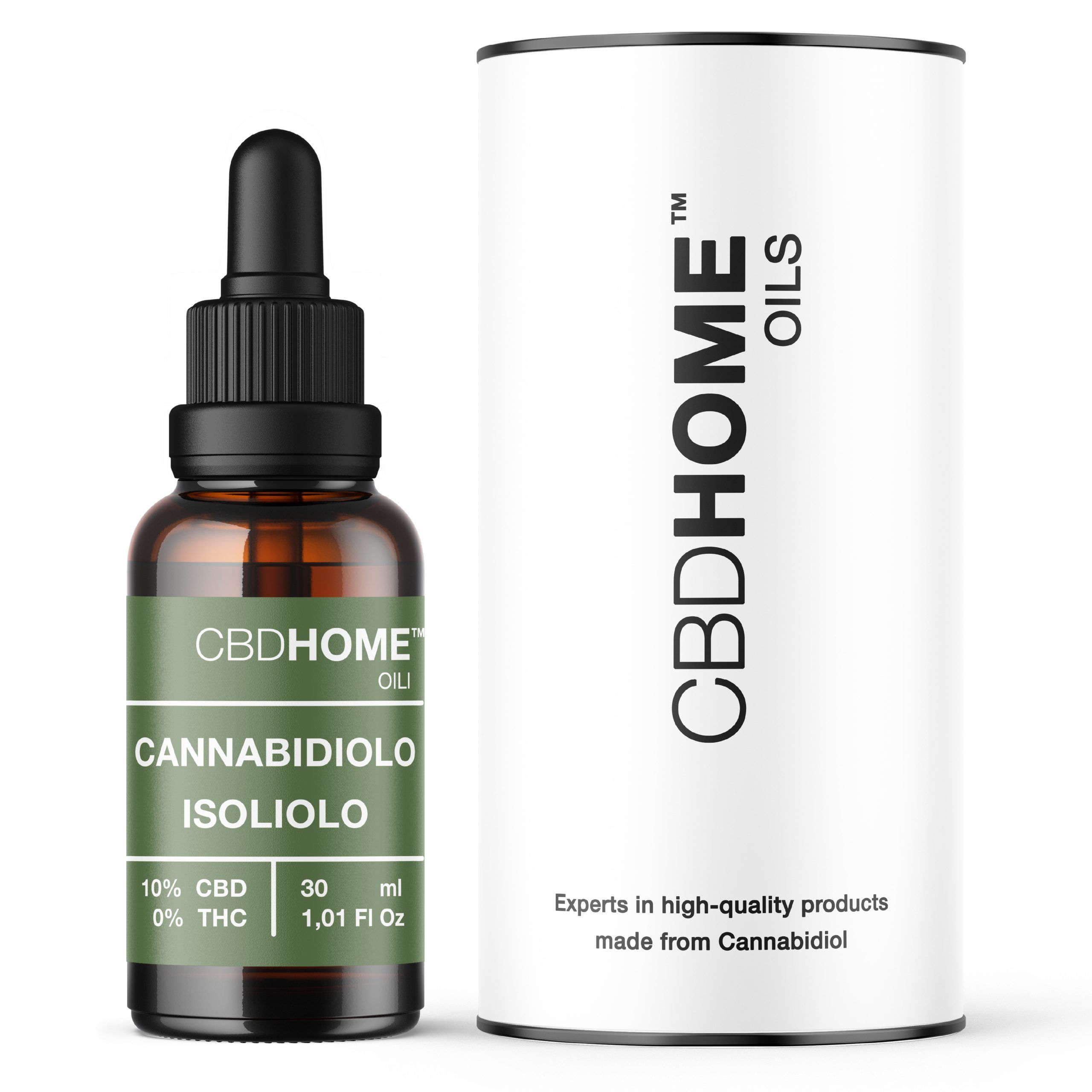 Olio CBDHOME CBD Isolato 10% CBD, 0% THC, flacone da 30ml accanto a una confezione cilindrica.