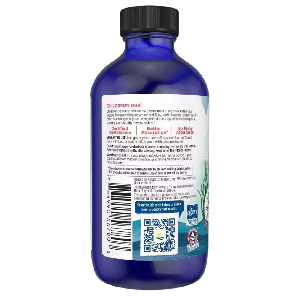Retro della bottiglia di integratore di olio di pesce Nordic Naturals Children's DHA con codice a barre e certificazioni.