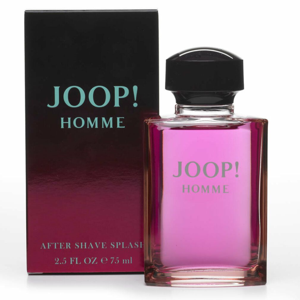 Flacone e confezione Joop! Homme After Shave. Liquido rosa, tappo nero. Scritta JOOP! HOMME.