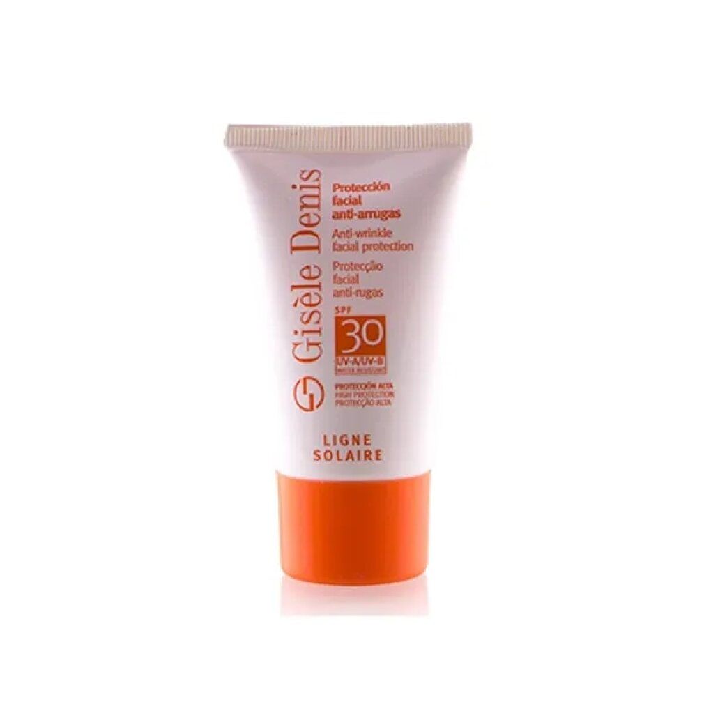 Tubo crema Gisele Denis, protezione viso antirughe SPF 30. Tappo arancione. Testo multilingue.