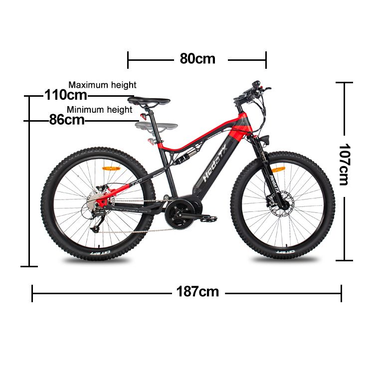 E-MTB con dimensioni. Lunghezza totale 187cm, altezza 107cm, larghezza manubrio 80cm. Altezza sella 86-110cm.