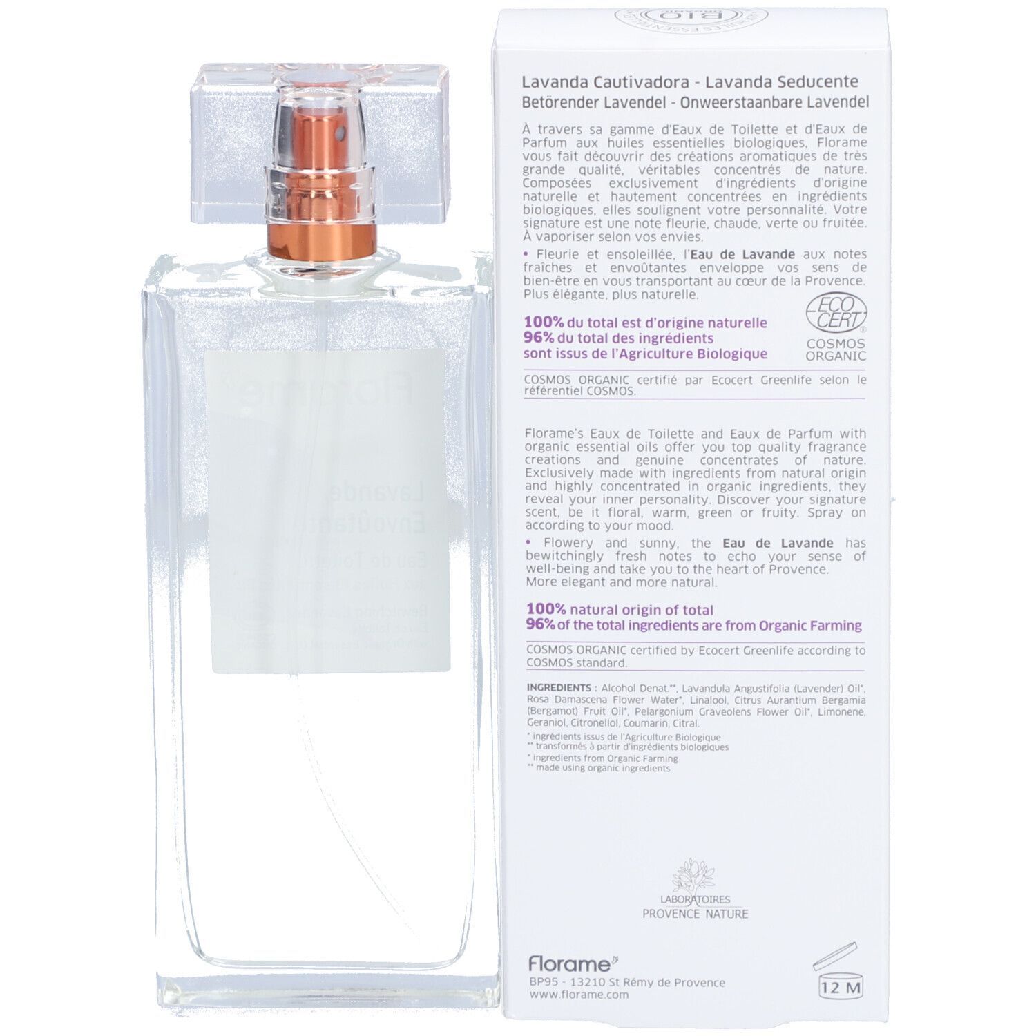 Flacone trasparente con informazioni sul prodotto e testo. Scritta: Lavande Cautivadora, certificazione Bio.