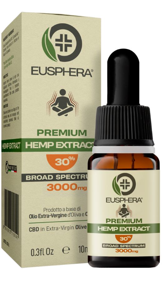 Flacone di vetro marrone con contagocce nero. Scritta: Eusphera, Premium Hemp Extract, 30%, Broad Spectrum.