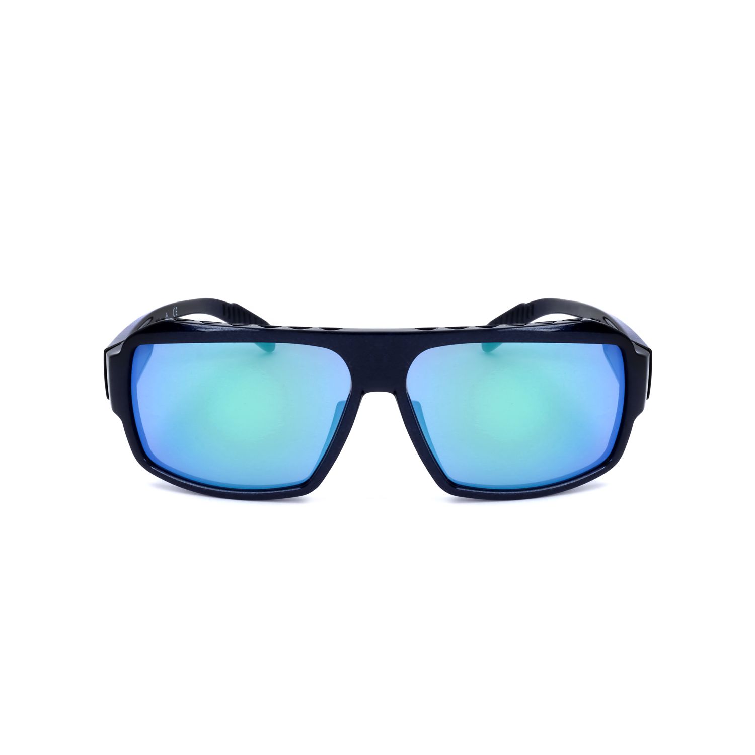 Occhiali da sole neri con lenti rettangolari blu a specchio.