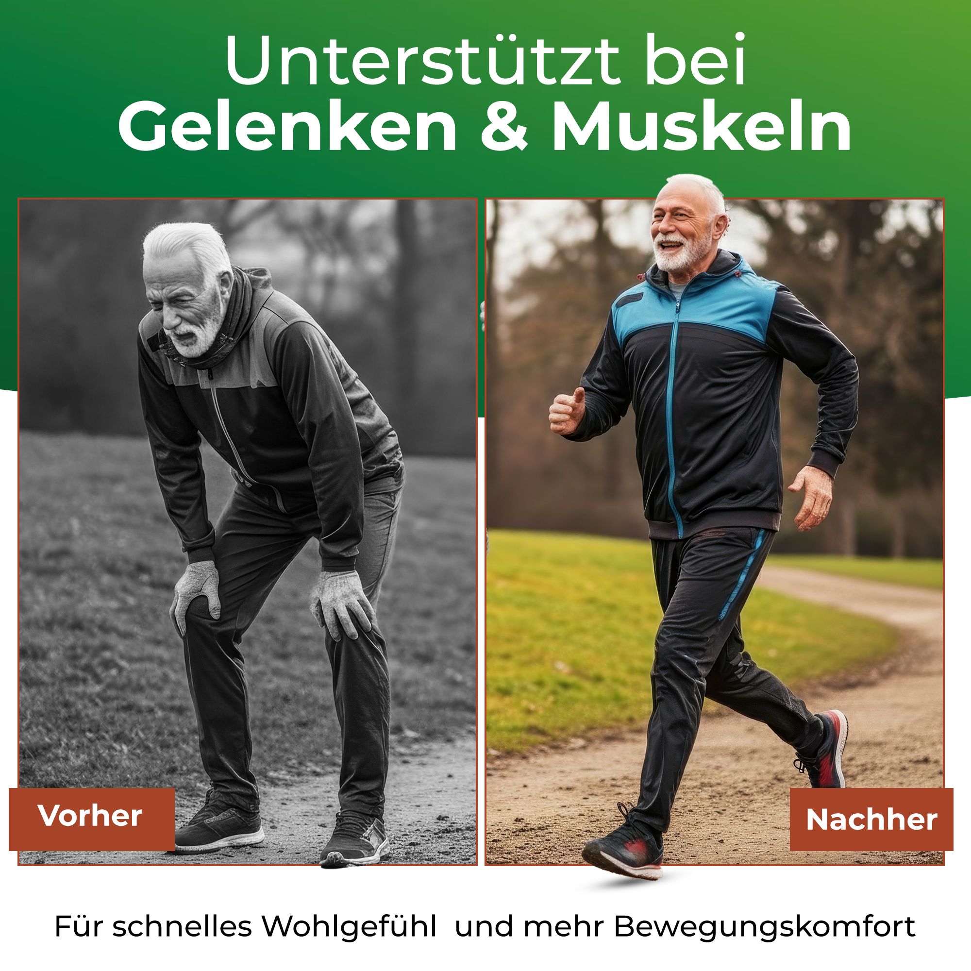 Uomo prima e dopo la corsa. Testo: Supporta articolazioni e muscoli. Per benessere e comfort.