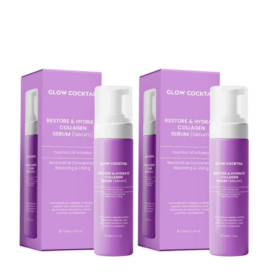 Due scatole viola e due flaconi viola con erogatori a pompa bianchi. Testo: Glow Cocktail, Restore & Hydrate Collagen Serum.