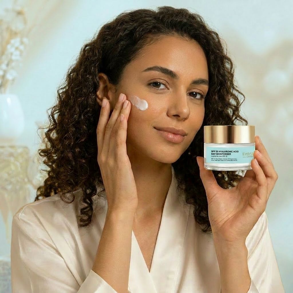 Una donna applica la crema giorno ErthSkin London SPF 30. Tiene il barattolo in mano, crema sulla guancia.