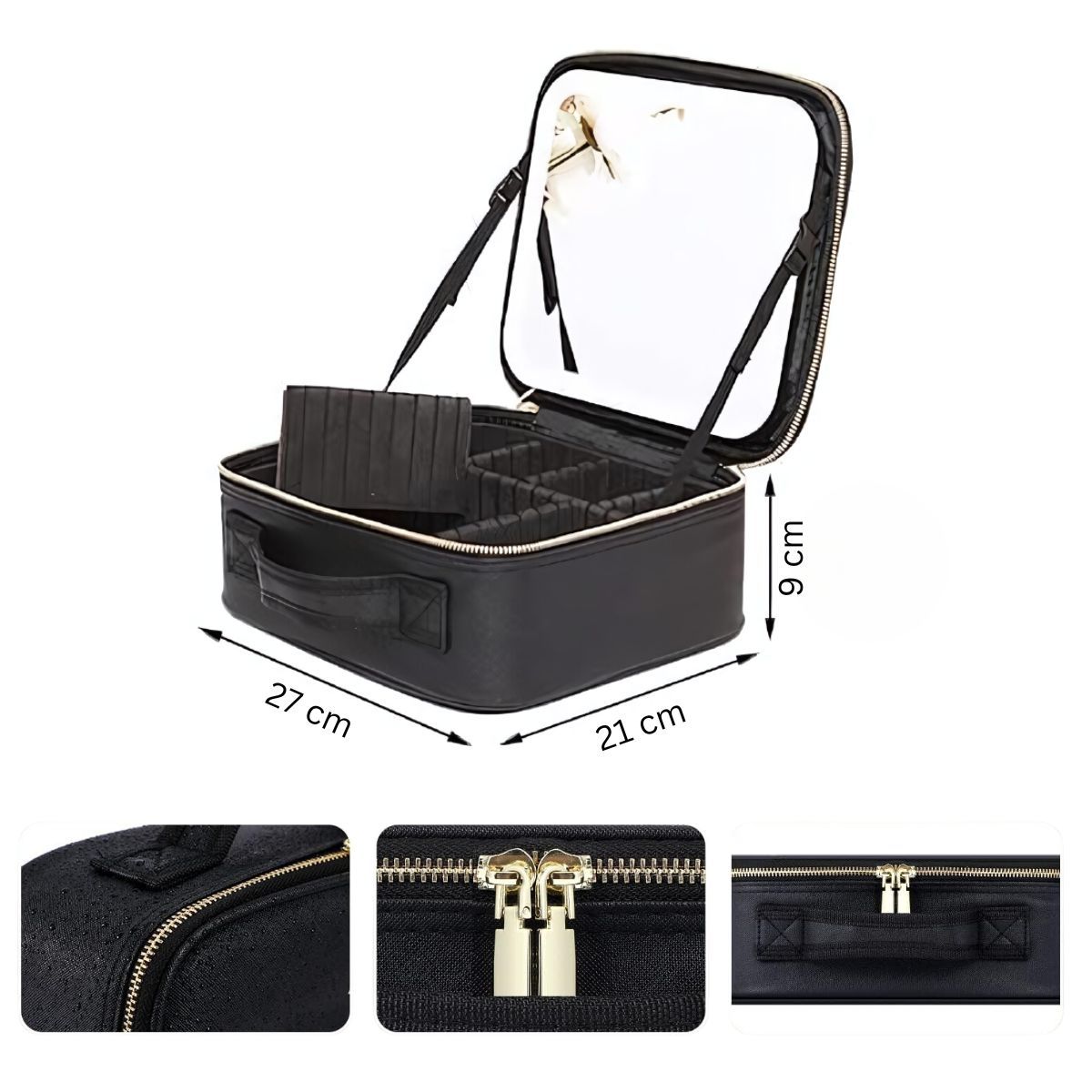 Beauty case nero con specchio illuminato, scomparti e porta pennelli.