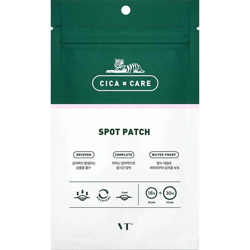 Confezione verde con testo: Spot Patch, Cica x Care. Logo: Tigre. Contiene 18+30 cerotti. Testo: 10 mm, 10 mm.
