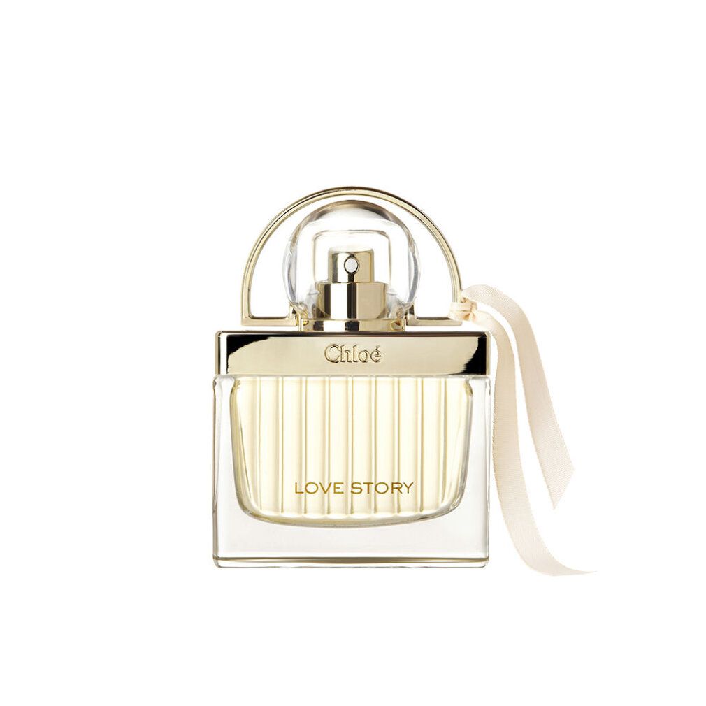 Flacone di profumo Chloé Love Story con nastro dorato.
