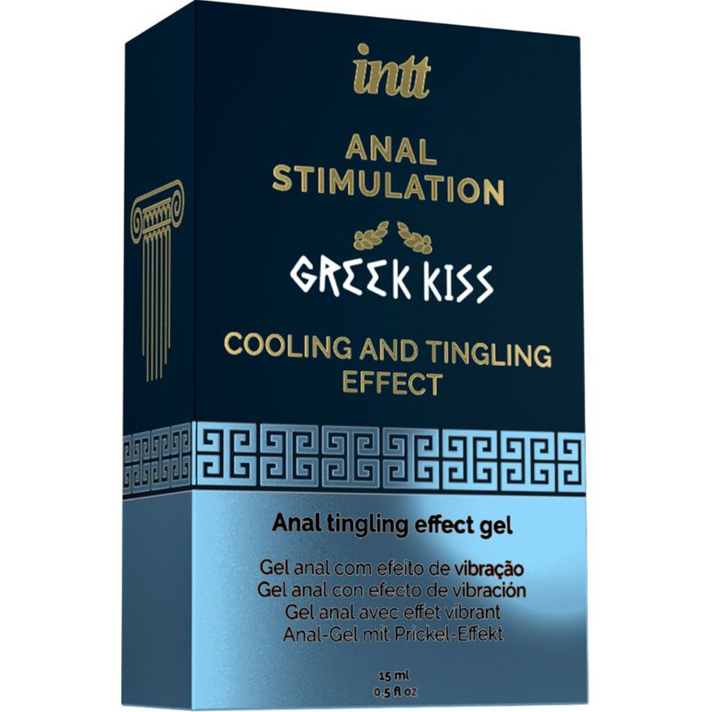 Confezione e flacone del gel INTT Greek Kiss Anal Stimulation con effetto rinfrescante e frizzante.