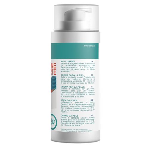 Retro del flacone di crema con testo multilingue. Contiene informazioni sull'uso e la conservazione.