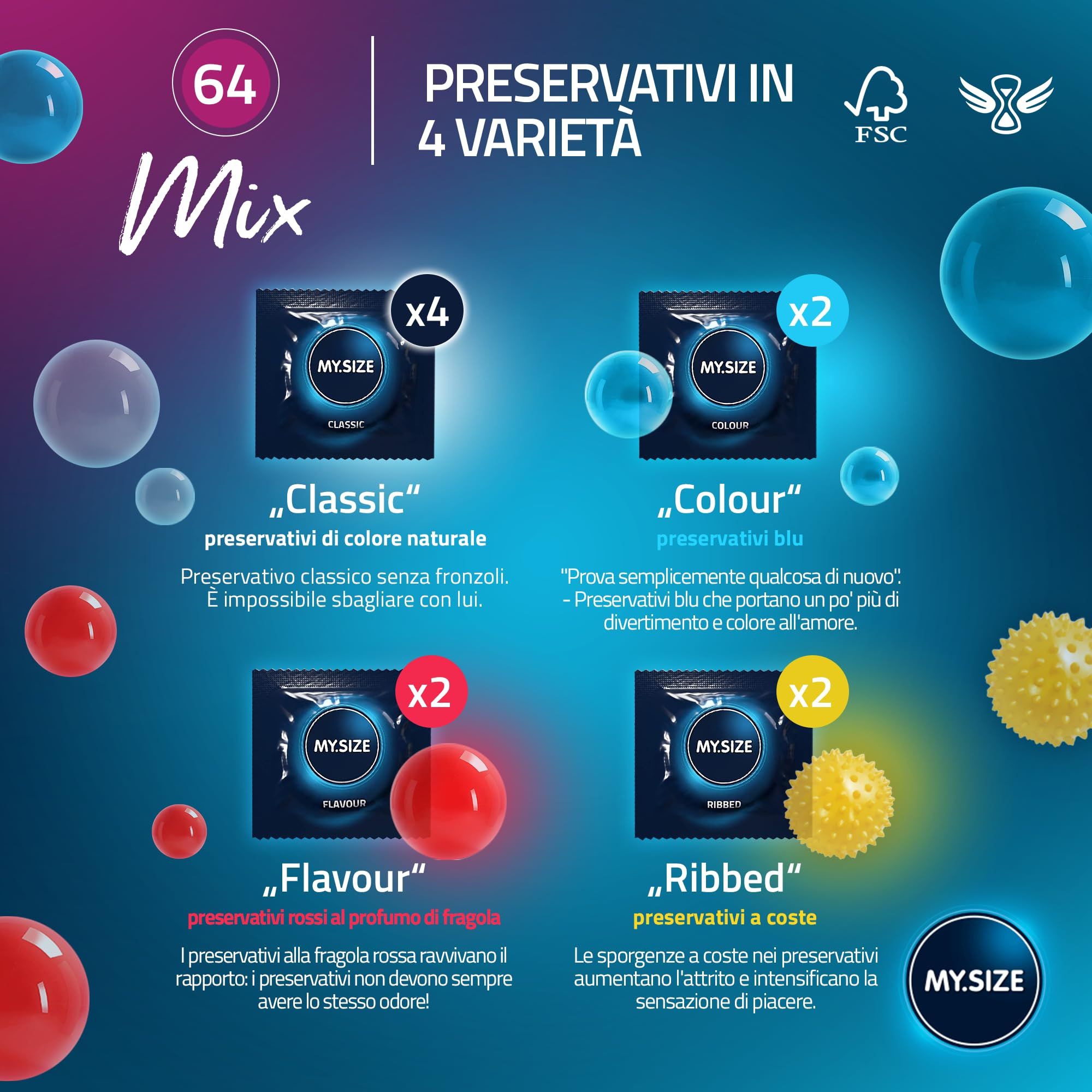 Preservativi MY.SIZE Mix, 10 pezzi, misura 64mm. 4 Classic, 2 Colour, 2 Ribbed, 2 Flavour.
