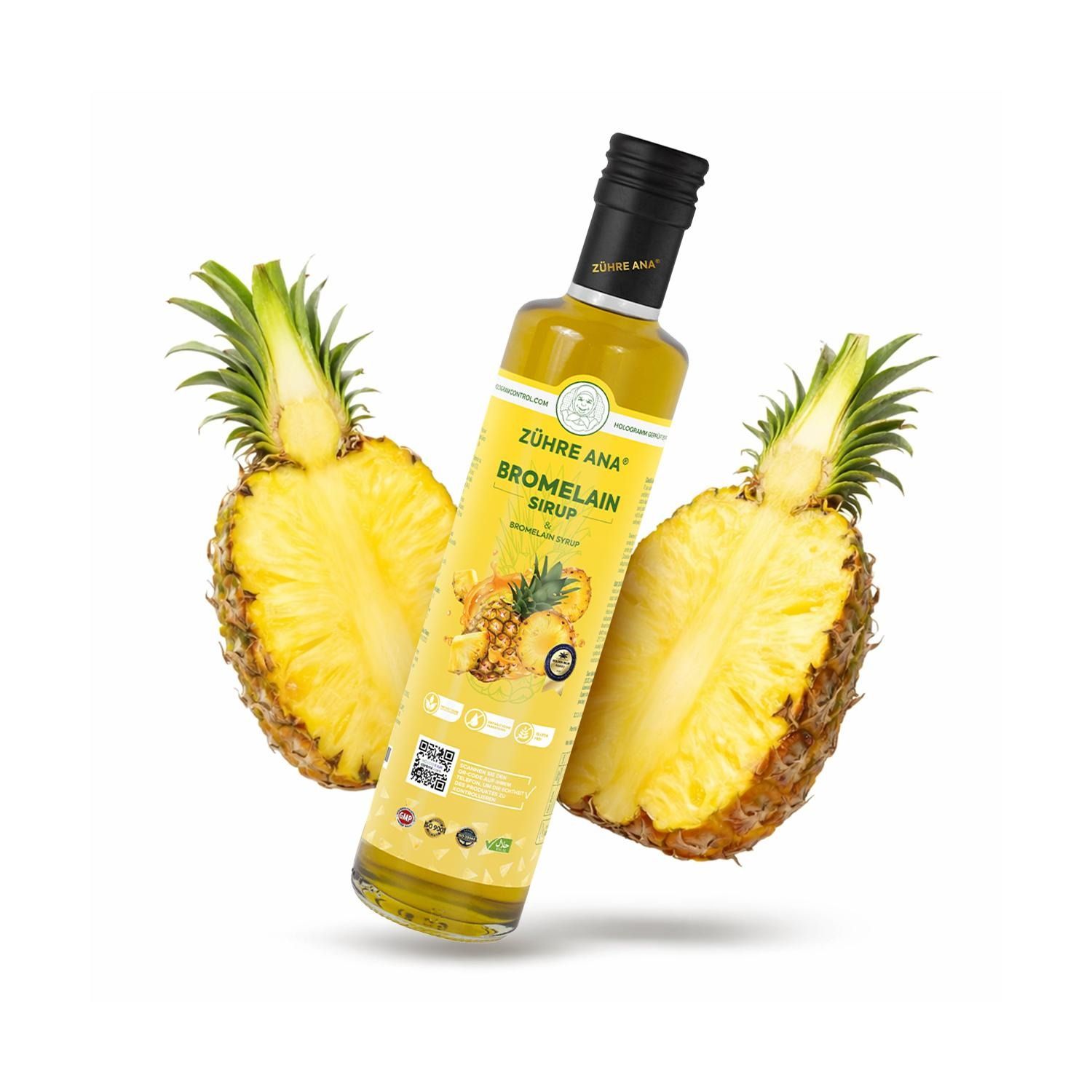 Bottiglia di sciroppo di bromelina Zühre Ana circondata da due metà di ananas.