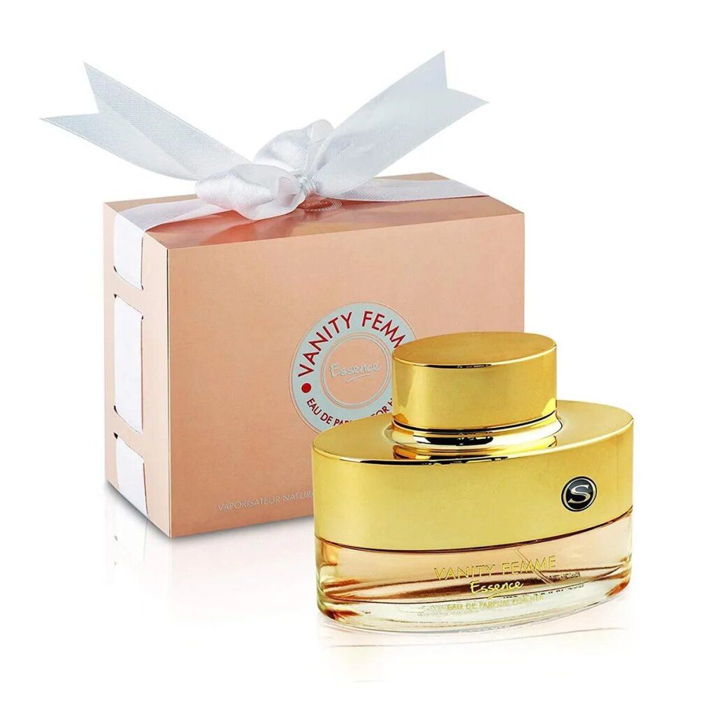 Flacone di profumo e confezione regalo con fiocco. Flacone con tappo dorato. Scatola rosa con adesivo rotondo.