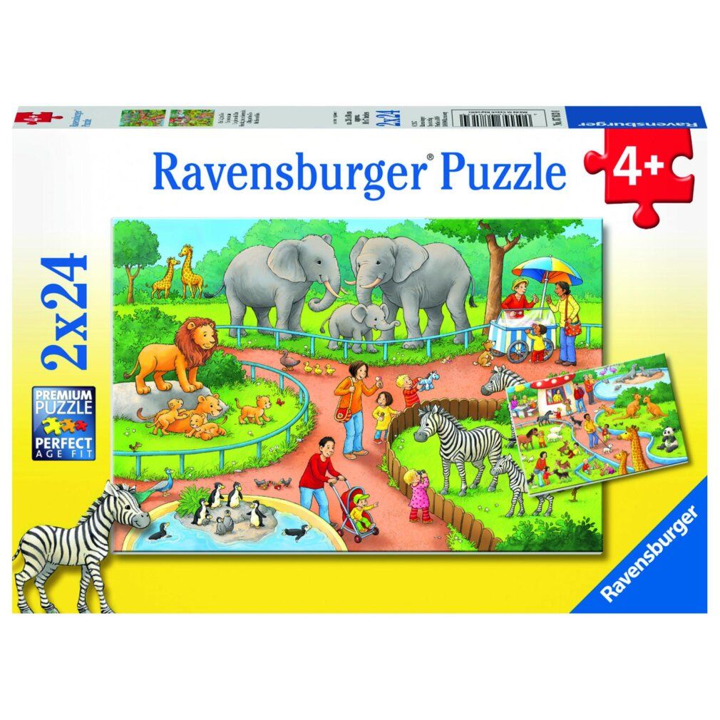 Confezione puzzle: Ravensburger Puzzle, 2x24 pezzi. Illustrazione della scena dello zoo. Età consigliata 4+. Premium Puzzle Perfect Age Fit.