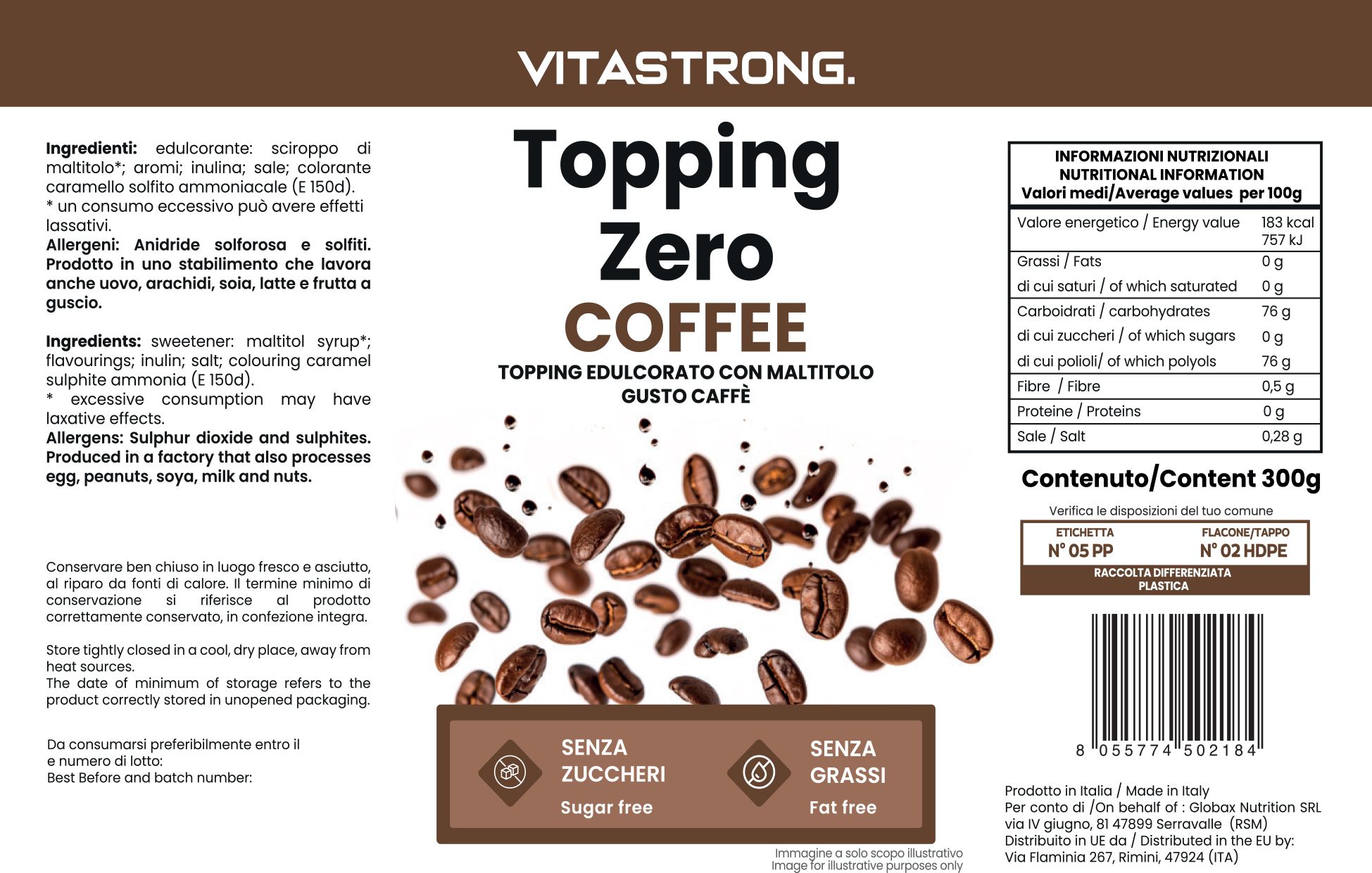 Etichetta con informazioni sul prodotto. "Vitastrong Topping Zero Coffee". Testo: "Senza zuccheri", "Senza grassi". Illustrazione chicchi di caffè.