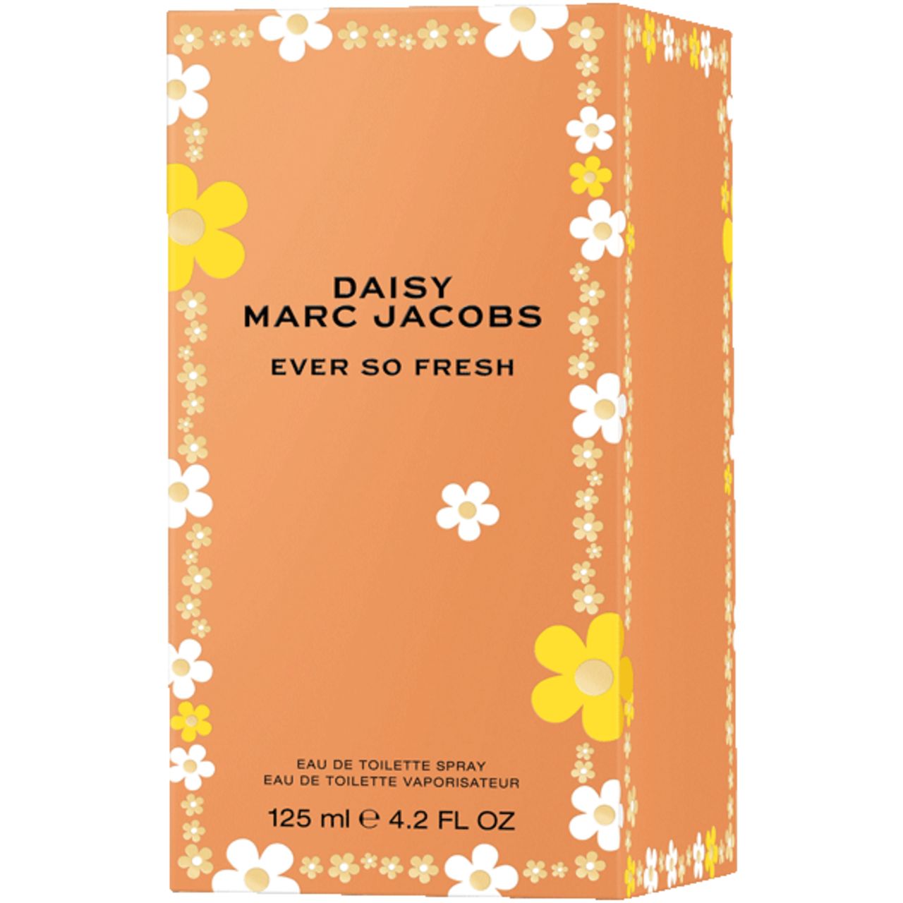 Scatola arancione con fiori bianchi e gialli. Scritta: Daisy Marc Jacobs Ever so Fresh. In basso: 125 ml 4.2 FL OZ.