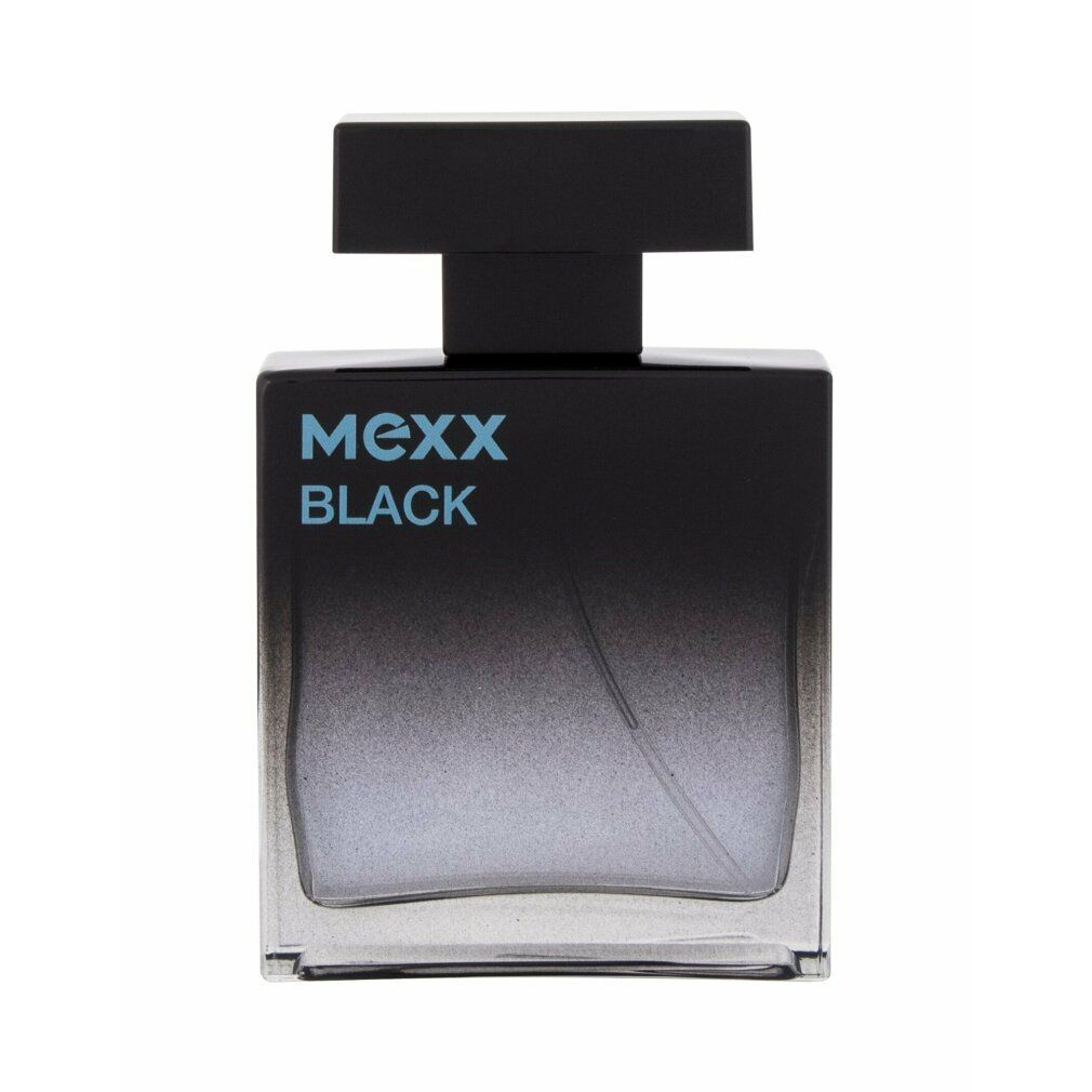 Flacone nero "MEXX BLACK" con scritta blu. Forma squadrata, tappo nero.