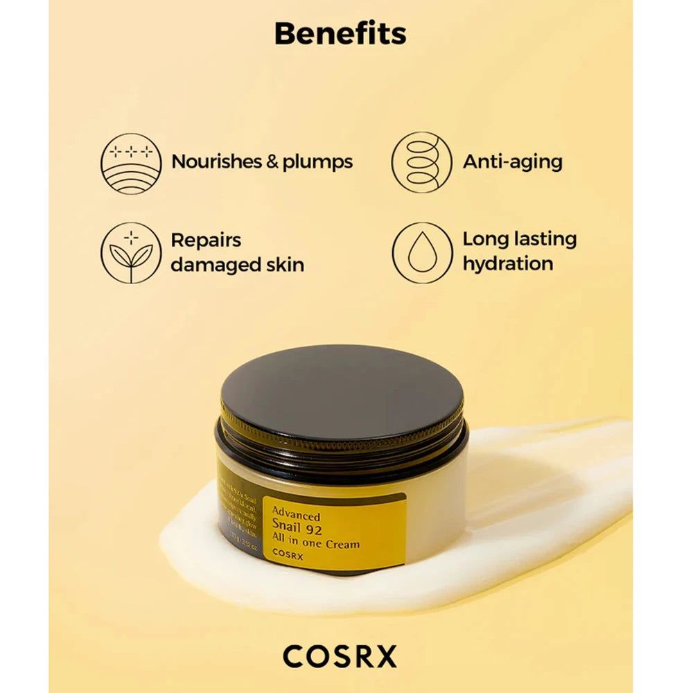 Vasetto di crema COSRX All in One con benefici: Nutre e rimpolpa, Anti-età, Ripara la pelle danneggiata, Idratazione a lunga durata.