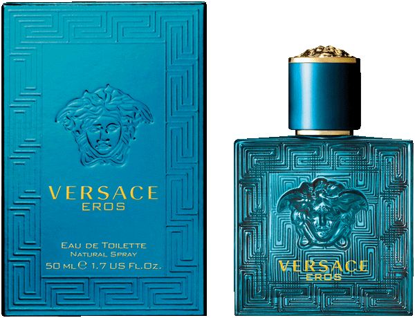 Flacone e scatola turchese. Scritta: VERSACE EROS, Eau de Toilette, Natural Spray. Flacone con tappo dorato.
