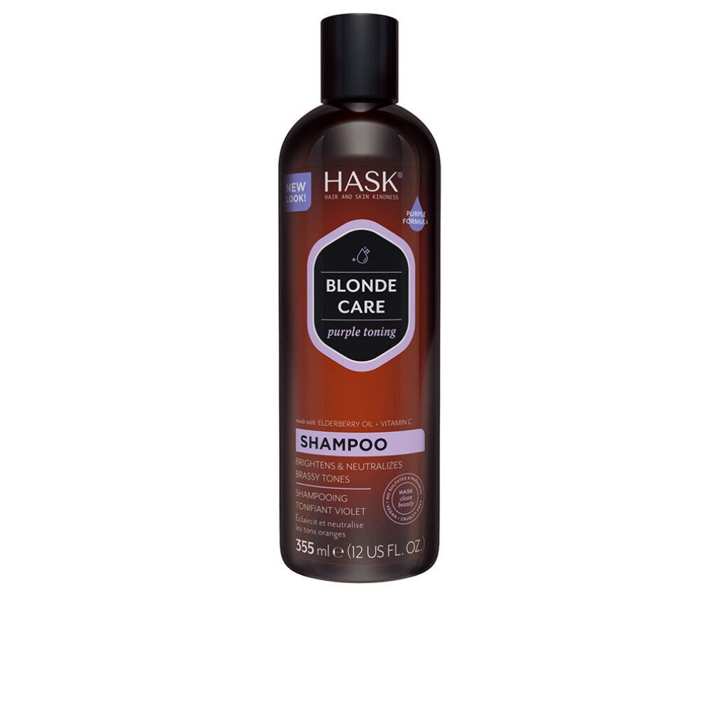 Flacone di shampoo marrone con tappo nero. Scritta: Blonde Care, Purple Toning Shampoo. 355 ml.