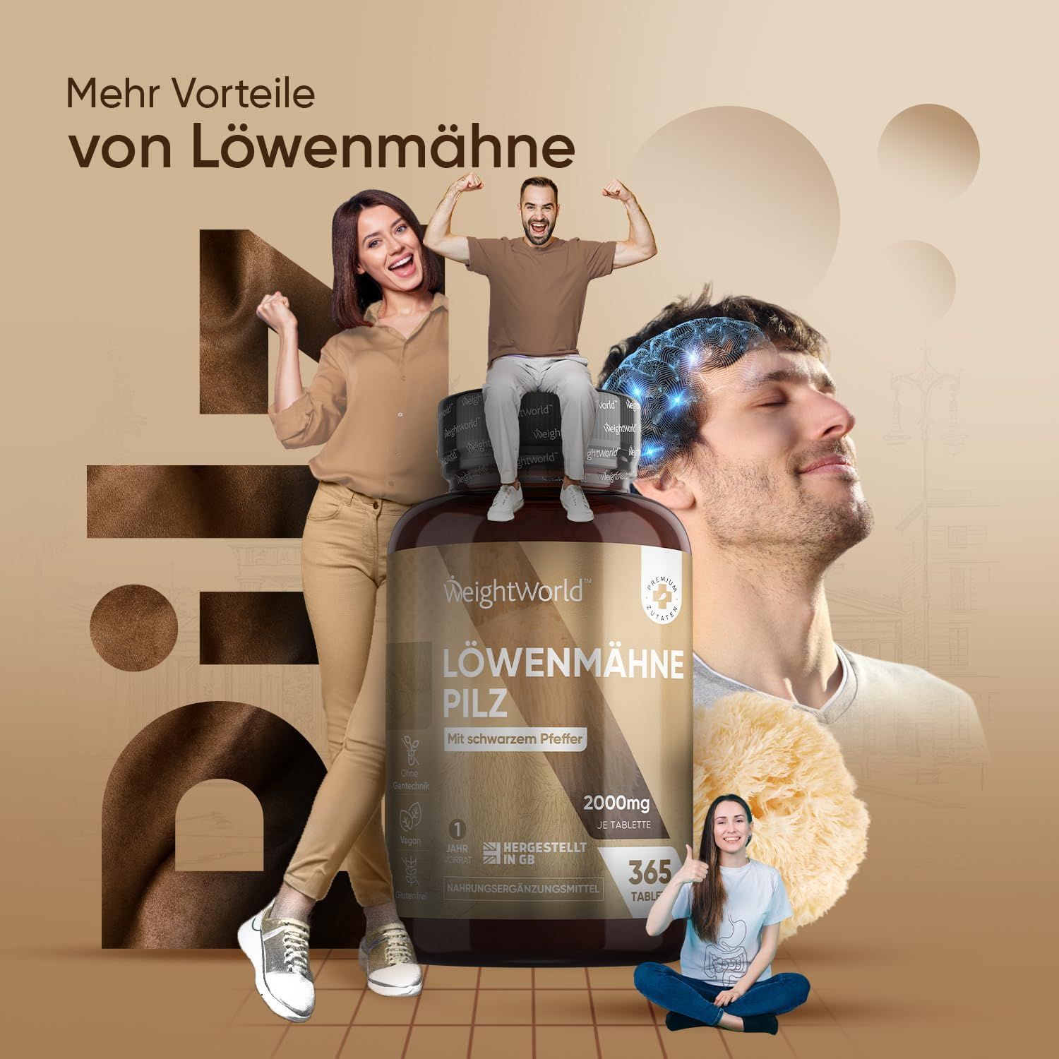 Pubblicità con persone e flacone. Testo: WeightWorld Löwenmähne Pilz. 2000mg. 365 compresse. Persone si mostrano.