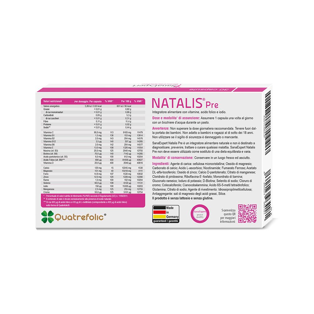Retro della confezione SanaExpert Natalis Pre. Contiene informazioni nutrizionali, ingredienti e informazioni sul produttore. Con logo Quatrefolic.