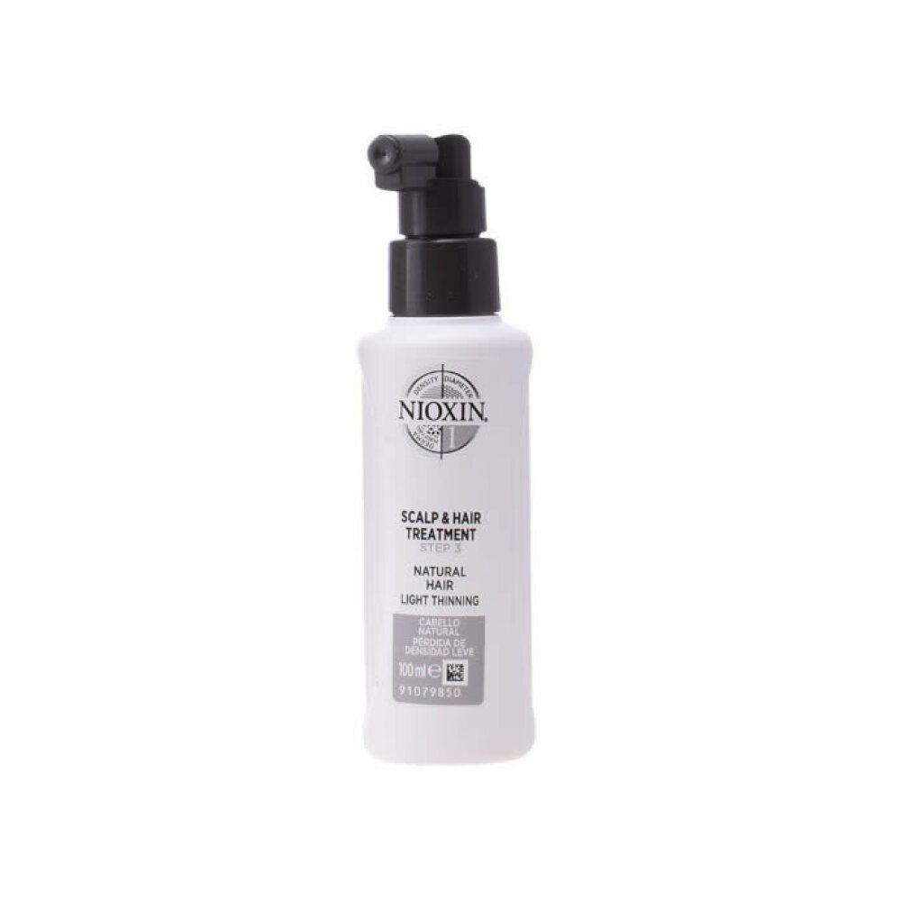 Flacone bianco con erogatore nero. Scritta: Nioxin, Scalp & Hair Treatment, Natural Hair, Light Thinning.