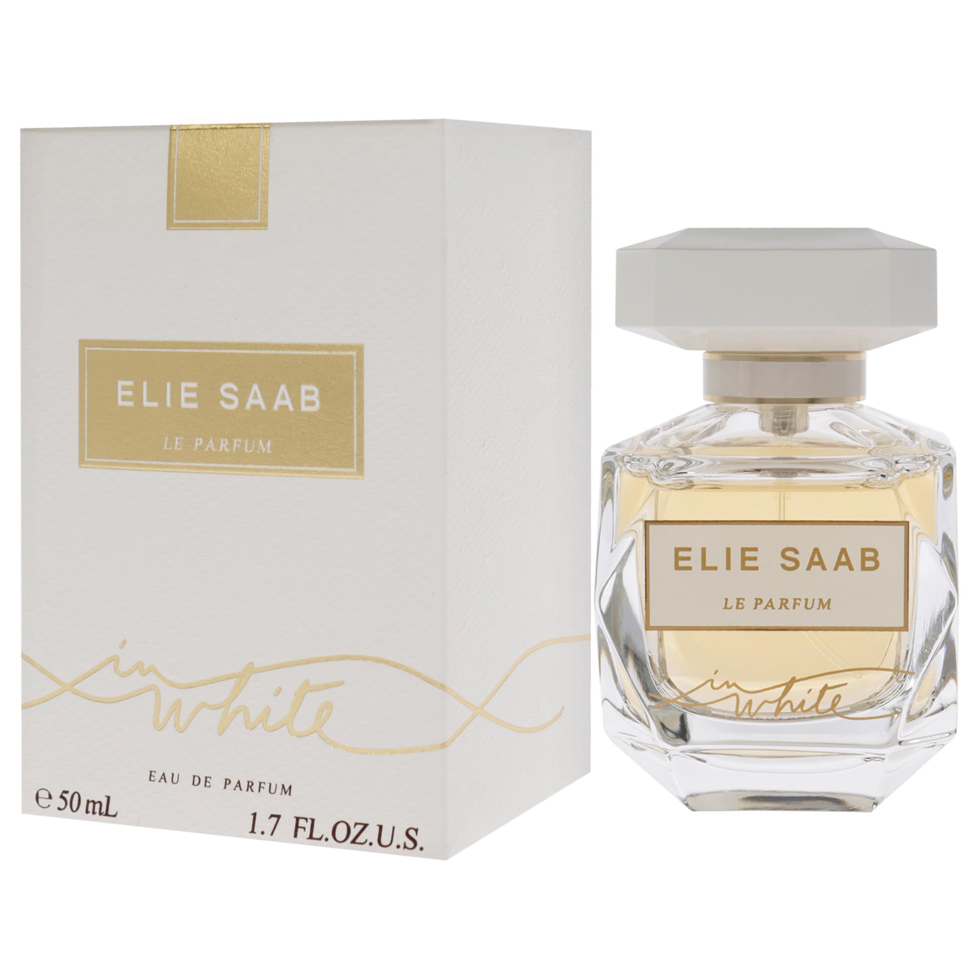 Flacone di profumo e confezione. Flacone con tappo bianco, dettagli dorati ed etichetta. Confezione con logo e scritta.