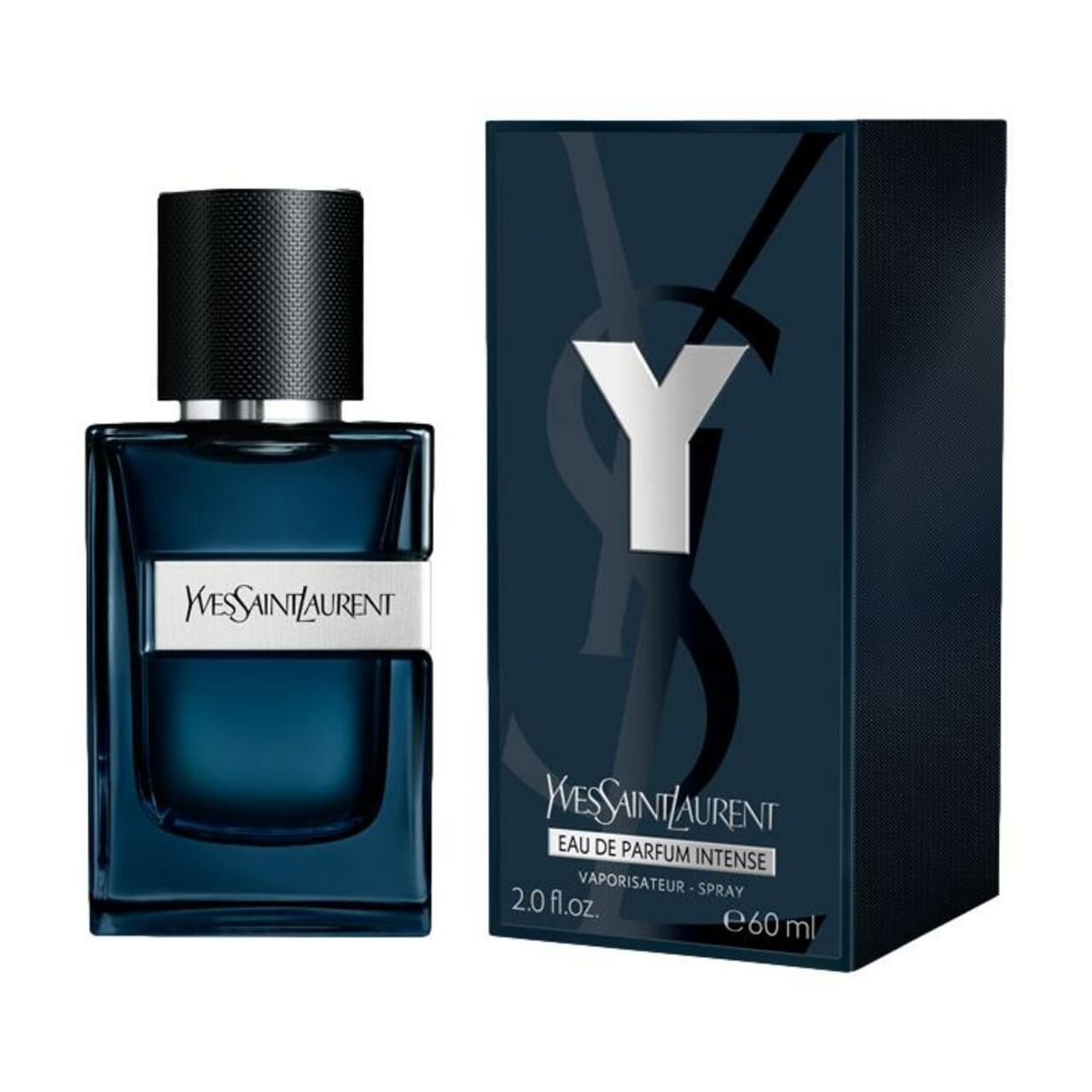Flacone e scatola blu. YSL Y Intense Eau de Parfum Spray. Tappo nero. Scritta argentata. 60 ml.