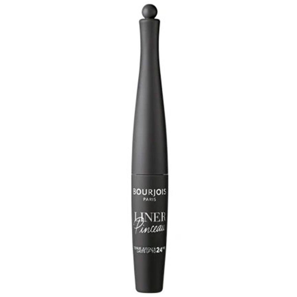 Eyeliner nero Bourjois. Flacone con pennello, tappo nero. Scritta: Liner Pinceau Waterproof 24h.