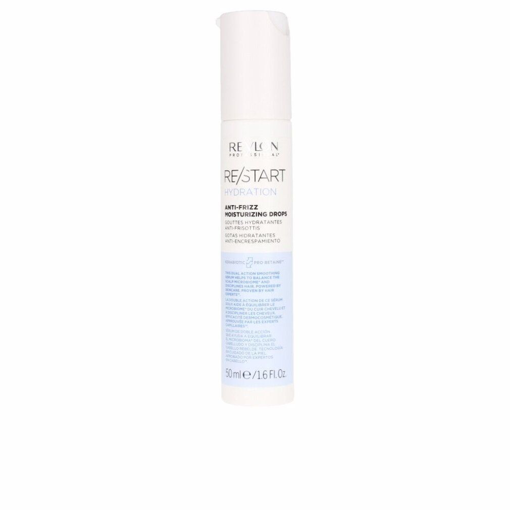 Flacone bianco con etichetta. Testo: RE/START Hydration Anti-Frizz Moisturizing Drops. 50ml/1.6 fl oz.