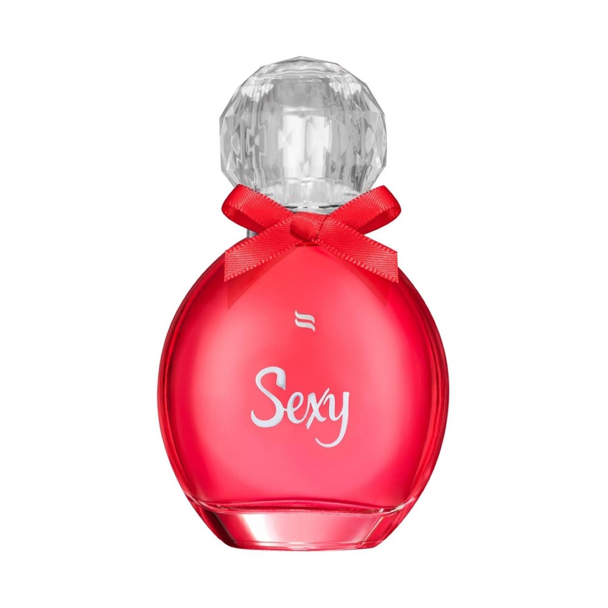 Flacone rotondo rosso con tappo trasparente e fiocco rosso. Scritta "Sexy".