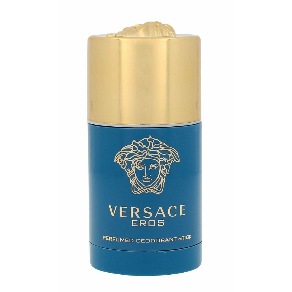 Stick deodorante blu con tappo dorato. Scritta VERSACE EROS. Logo Medusa dorato. Testo: PERFUMED DEODORANT STICK.