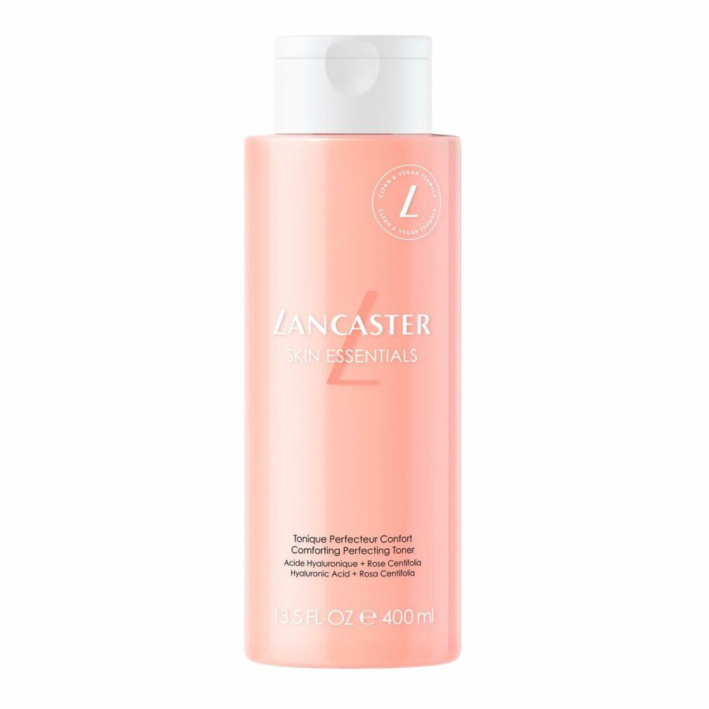 Flacone rosa con tappo bianco. Scritta: Lancaster Skin Essentials Comforting Perfecting Toner. 13.5 FL. OZ. e 400ml.