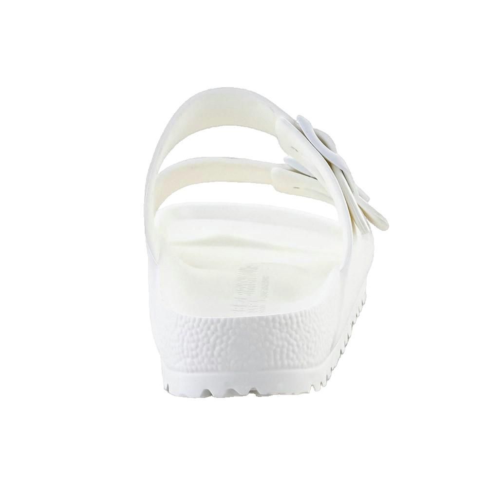 Sandalo bianco, vista posteriore. Due cinturini con fibbie. Suola scolpita.