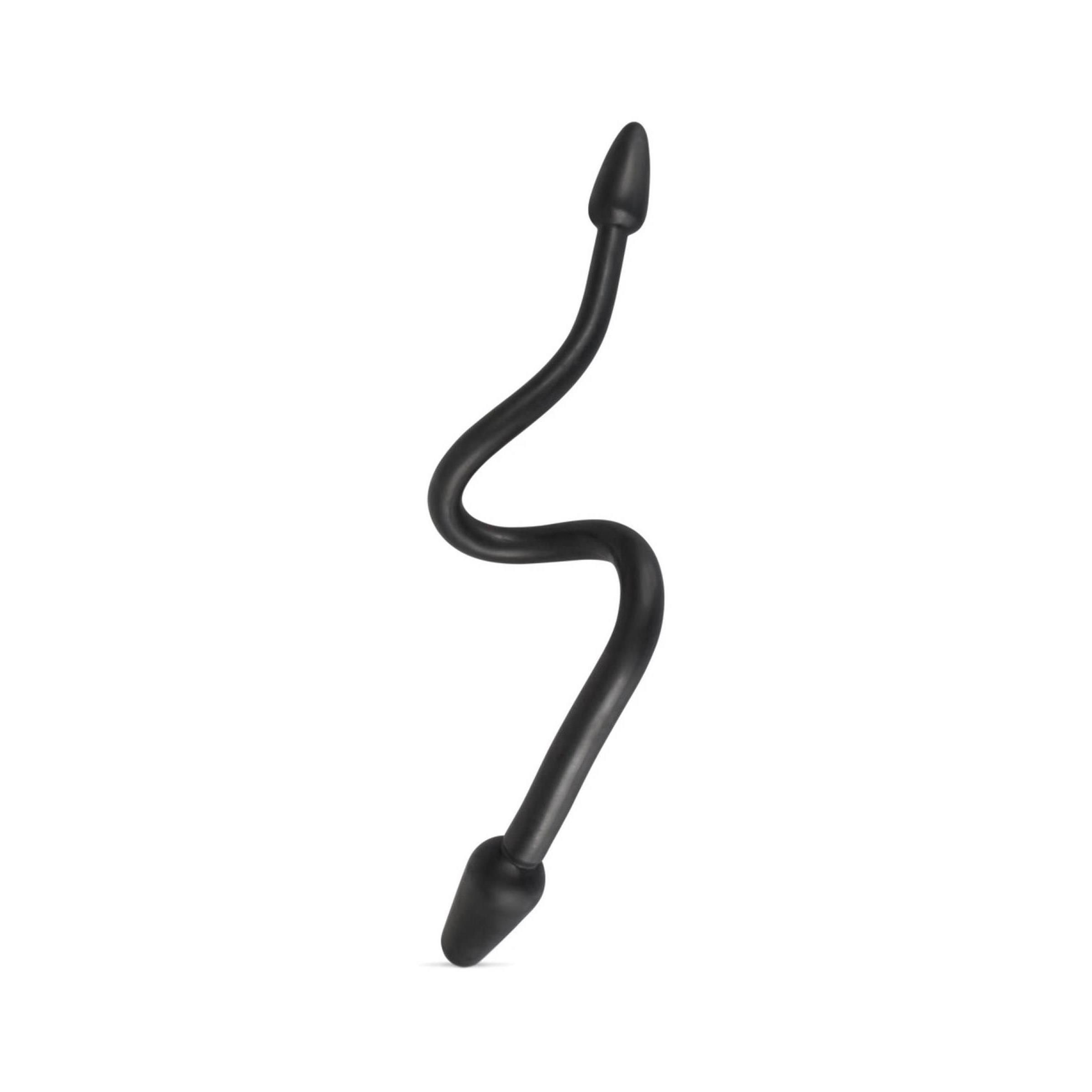 Dildo nero con due estremità coniche collegate da un'asta sinuosa.