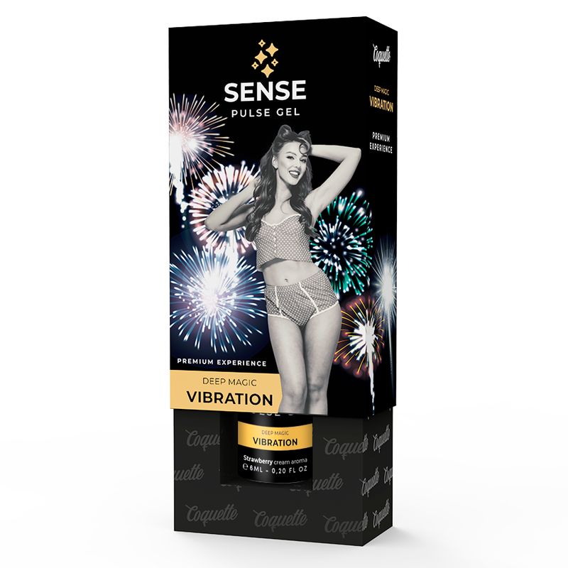 Confezione del prodotto con donna, fuochi d'artificio e testo. Confezione nera con flacone del prodotto. Logo e testo sulla confezione.
