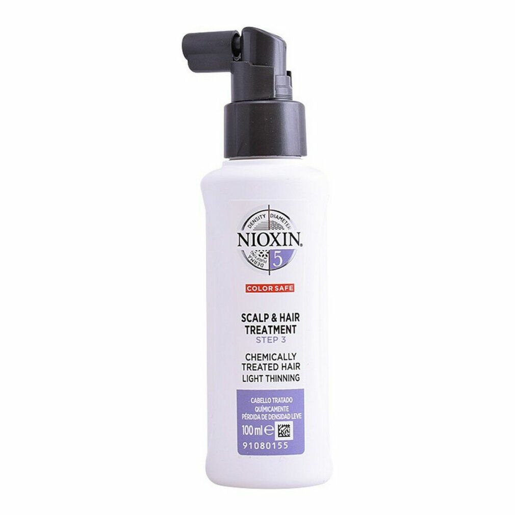 Flacone con erogatore nero. Scritta: Nioxin 5, Scalp & Hair Treatment, Step 3, Capelli trattati chimicamente, Light Thinning. 100ml.