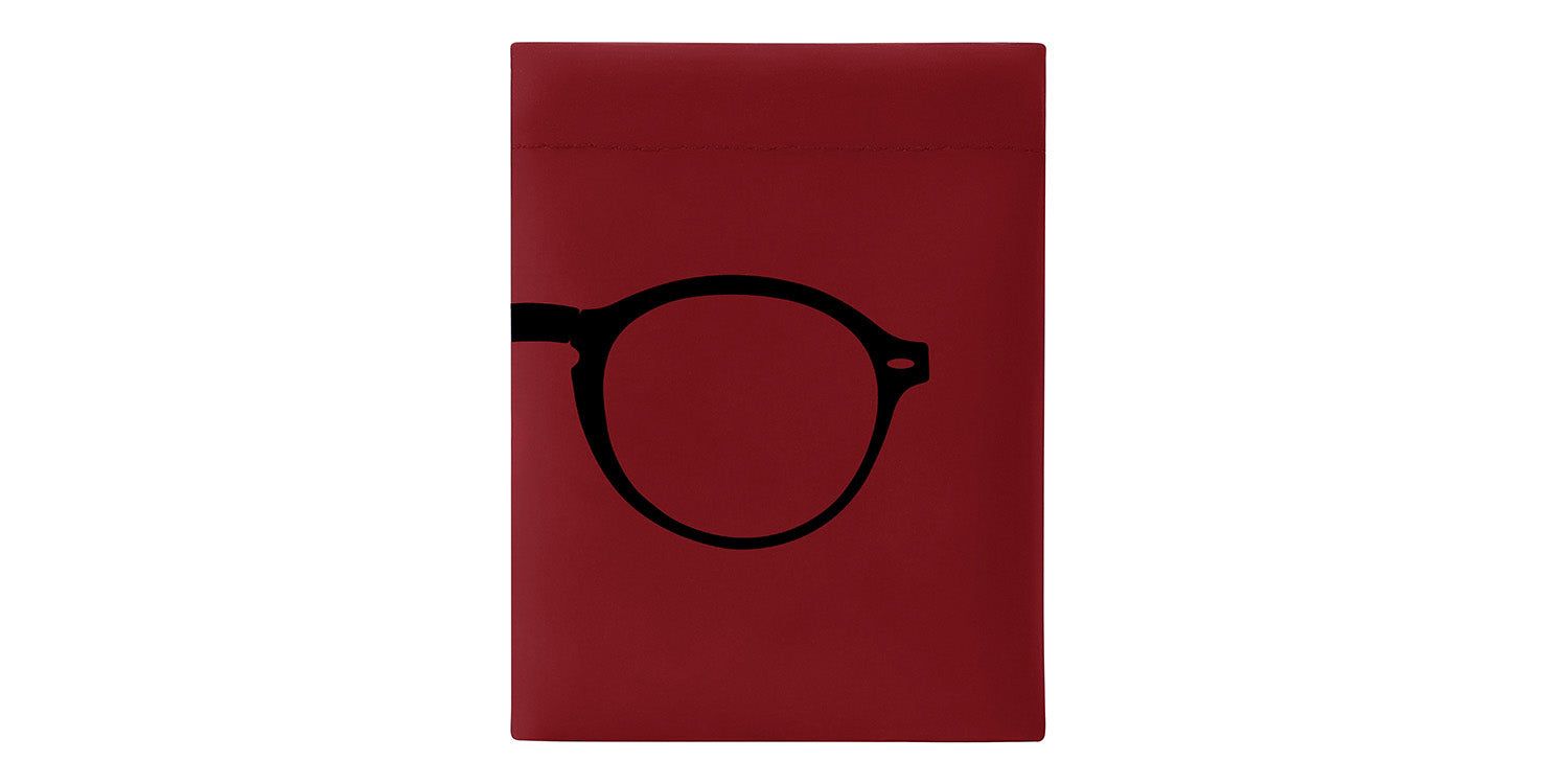Custodia protettiva rossa con silhouette di occhiali nera. Forma rettangolare. Logo Montana Eyewear non visibile.