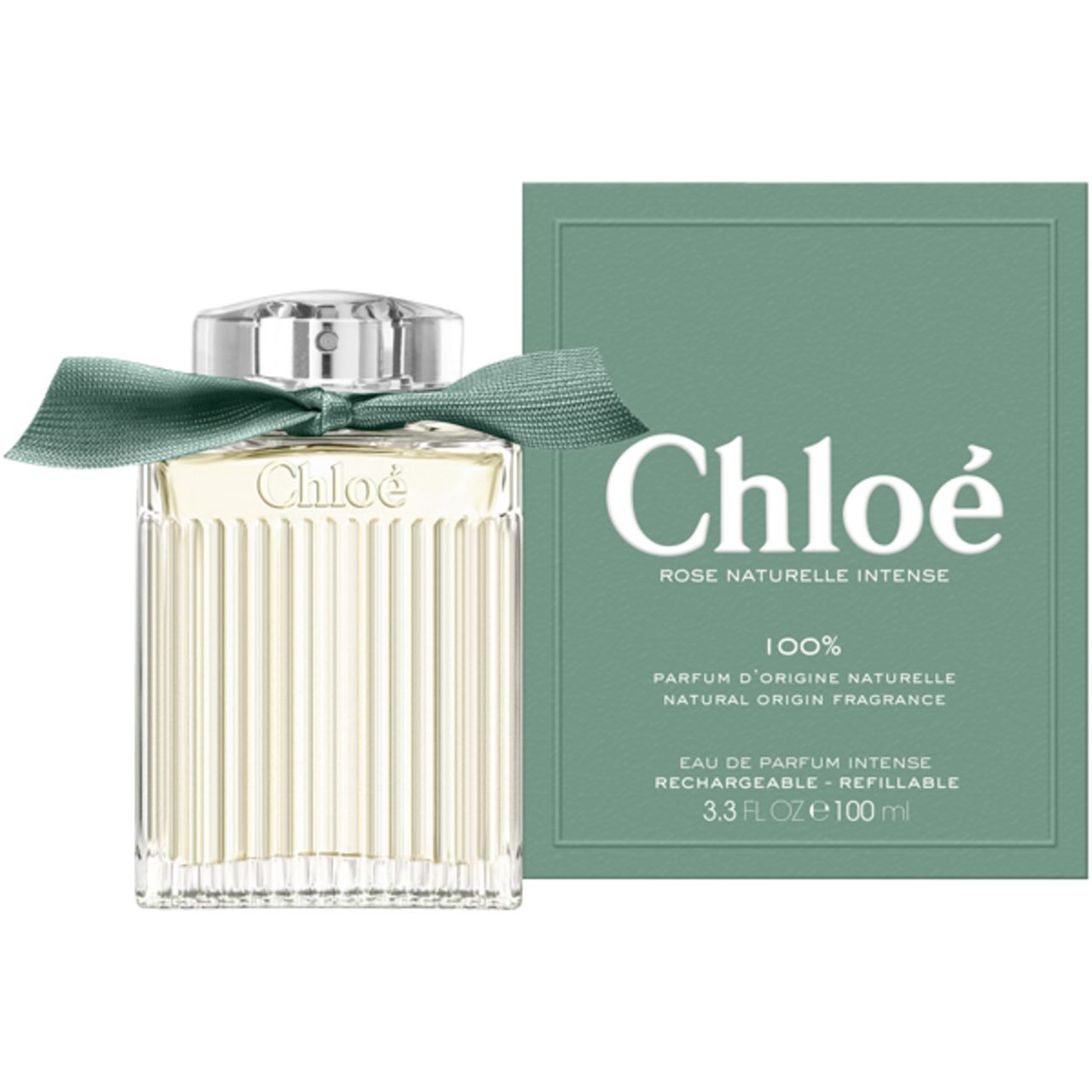 Flacone di profumo e confezione. Flacone con nastro verde, scritta Chloé. Confezione verde con Chloé, Rose Naturelle Intense.