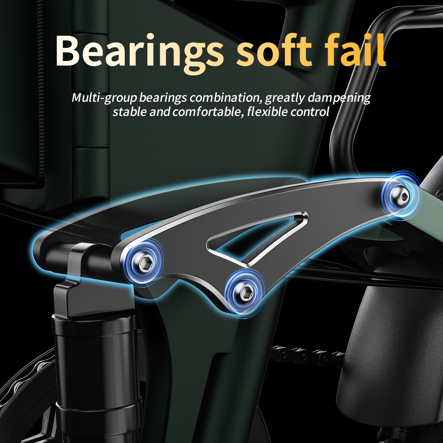 Primo piano dei cuscinetti su una bici elettrica verde. Testo: "Bearings soft fail".