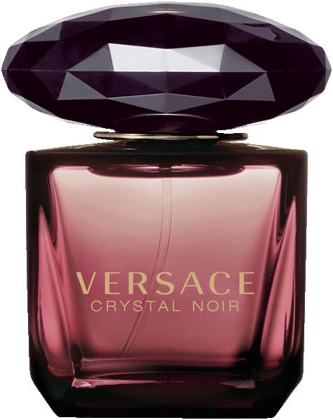 Flacone Versace Crystal Noir. Flacone quadrato in vetro rosa, tappo nero sfaccettato. Scritta dorata.