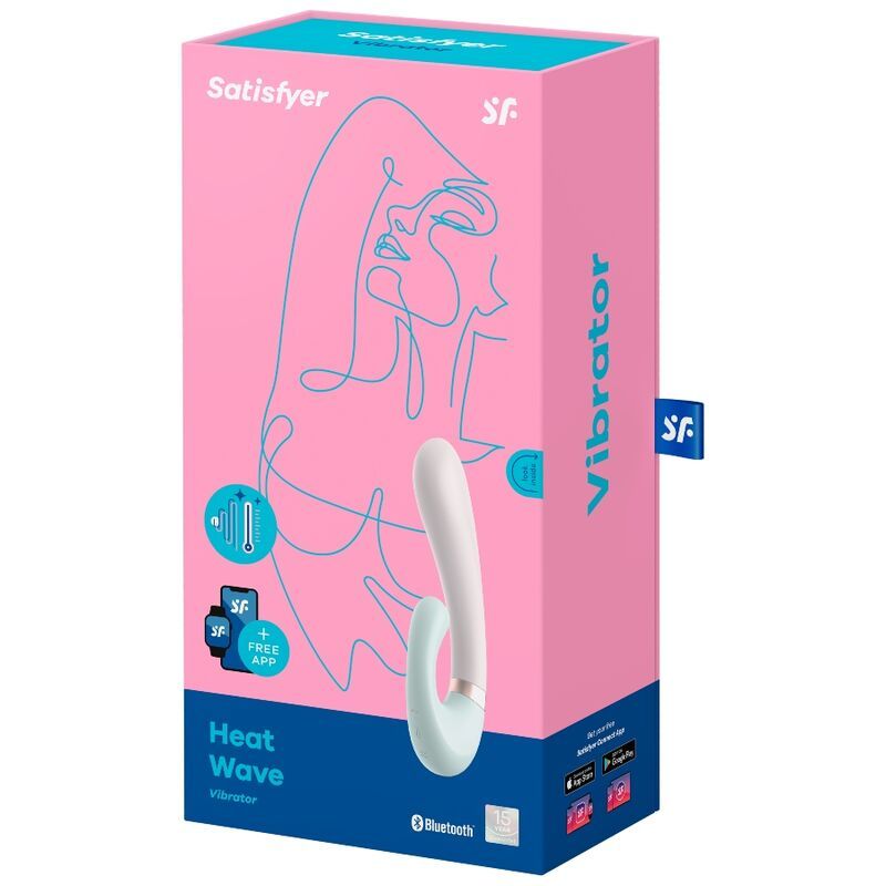 Confezione rosa con immagine del vibratore. Marchio: Satisfyer. Testo: Heat Wave, Vibrator, Bluetooth.